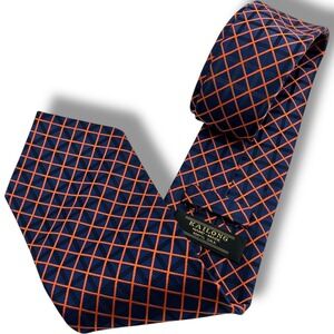 Kai Long Hand-Made 100% Silk Tie Blue Orange Geometric Diamond Pattern - 60"x 4"
